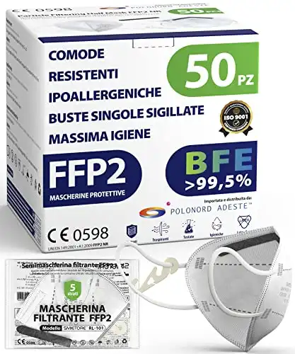 50 Mascherine FFP2 Bianche Certificate CE, Sicura:  99,5%. Buste singole sigillate.